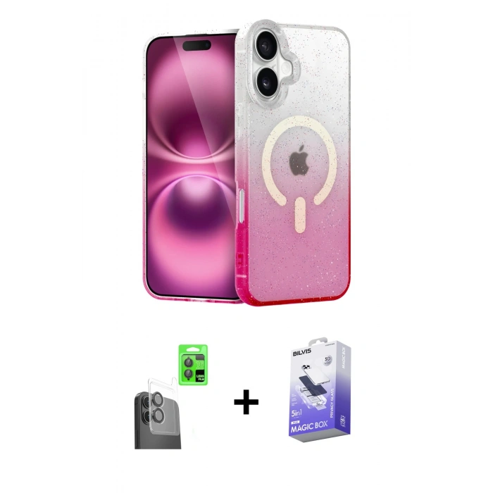 MARSİLYAN™- iPhone 16 Kılıf Eksen Minimal Özel Seri - Siyah Bilvis 5in1 5D Magic Hayalet Cam Ekran Koruyucu + Raze Metal Kamera Lens - SH