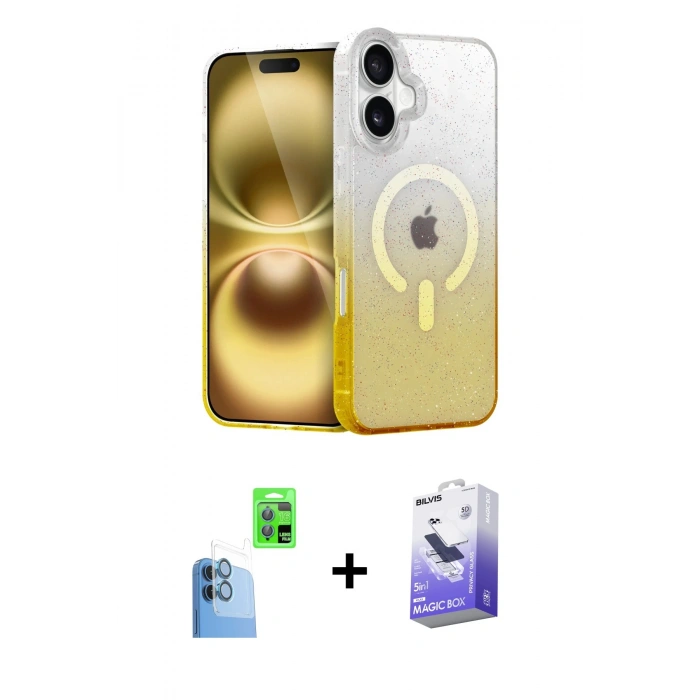 MARSİLYAN™- iPhone 16 Kılıf Eksen Minimal Özel Seri - Siyah Bilvis 5in1 5D Magic Hayalet Cam Ekran Koruyucu + Raze Metal Kamera Lens - LT