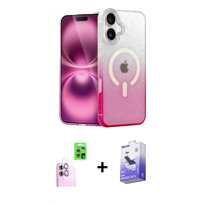 MARSİLYAN™- iPhone 16 Kılıf Eksen Minimal Özel Seri - Siyah Bilvis 5in1 5D Magic Hayalet Cam Ekran Koruyucu + Raze Metal Kamera Lens - PE