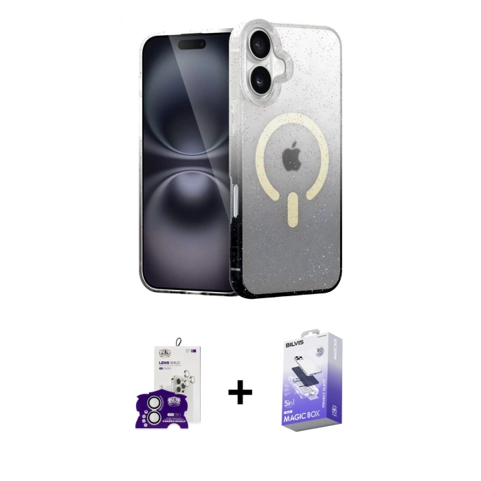 MARSİLYAN™- iPhone 16 Kılıf Eksen Minimal Özel Seri - Siyah Bilvis 5in1 5D Magic Hayalet Cam Ekran Koruyucu + Bilvis Titan Kamera Lens - GS