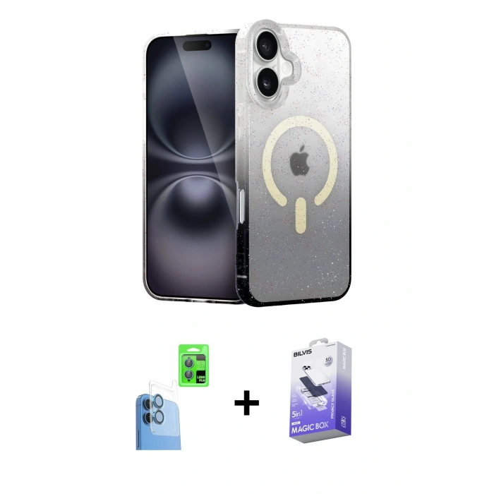 MARSİLYAN™- iPhone 16 Kılıf Eksen Minimal Özel Seri - Siyah Bilvis 5in1 5D Magic Hayalet Cam Ekran Koruyucu + Raze Metal Kamera Lens - LT