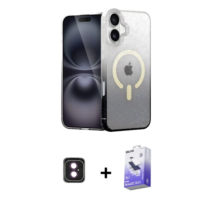 MARSİLYAN™- iPhone 16 Kılıf Eksen Minimal Özel Seri - Siyah Bilvis 5in1 5D Magic Hayalet Cam Ekran Koruyucu + PVD Metal Kamera Lens - PE