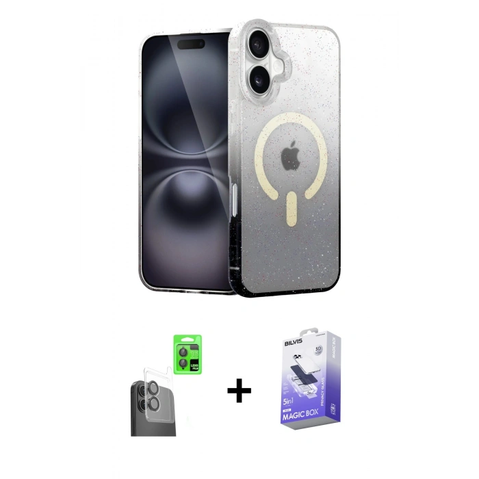 MARSİLYAN™- iPhone 16 Kılıf Eksen Minimal Özel Seri - Siyah Bilvis 5in1 5D Magic Hayalet Cam Ekran Koruyucu + Raze Metal Kamera Lens - SH