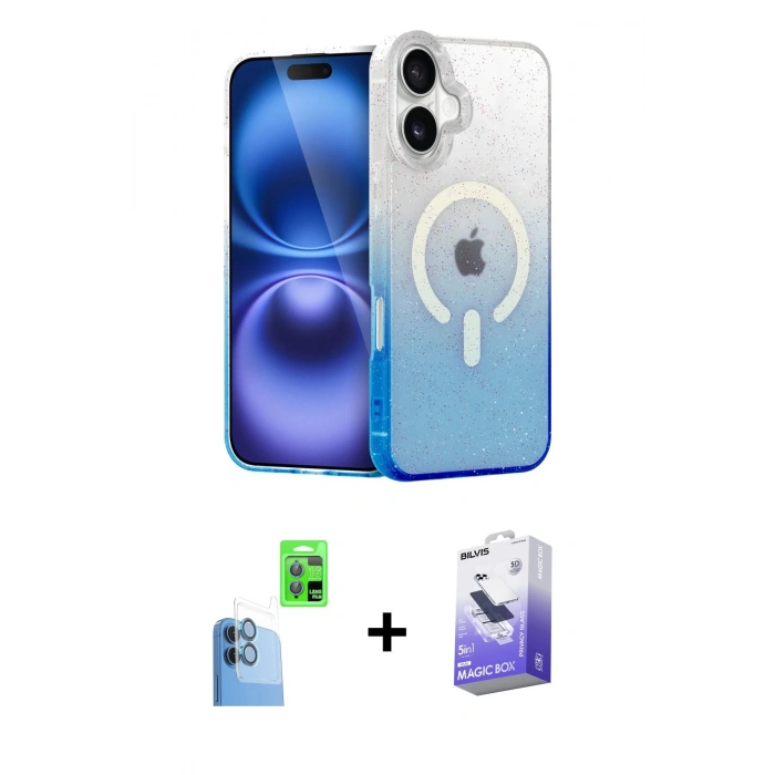 MARSİLYAN™- iPhone 16 Kılıf Eksen Minimal Özel Seri - Siyah Bilvis 5in1 5D Magic Hayalet Cam Ekran Koruyucu + Raze Metal Kamera Lens - LT
