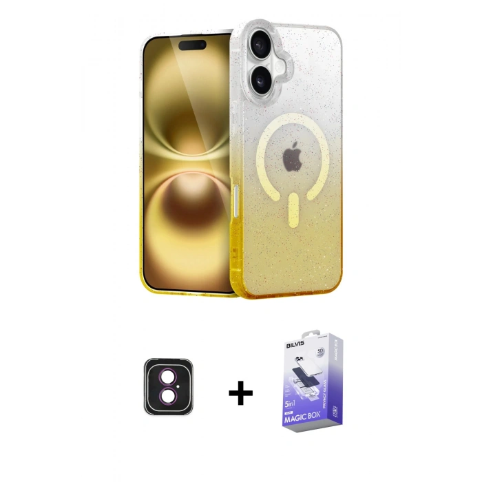 MARSİLYAN™- iPhone 16 Kılıf Eksen Minimal Özel Seri - Siyah Bilvis 5in1 5D Magic Hayalet Cam Ekran Koruyucu + PVD Metal Kamera Lens - PE