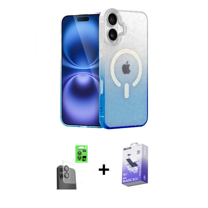 MARSİLYAN™- iPhone 16 Kılıf Eksen Minimal Özel Seri - Siyah Bilvis 5in1 5D Magic Hayalet Cam Ekran Koruyucu + Raze Metal Kamera Lens - SH