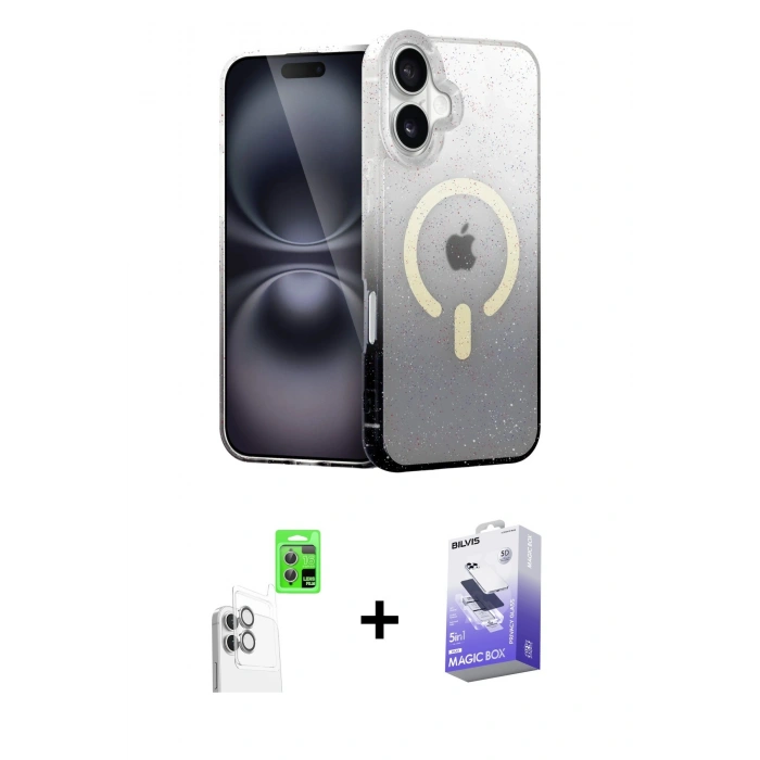 MARSİLYAN™- iPhone 16 Kılıf Eksen Minimal Özel Seri - Siyah Bilvis 5in1 5D Magic Hayalet Cam Ekran Koruyucu + Raze Metal Kamera Lens - BZ