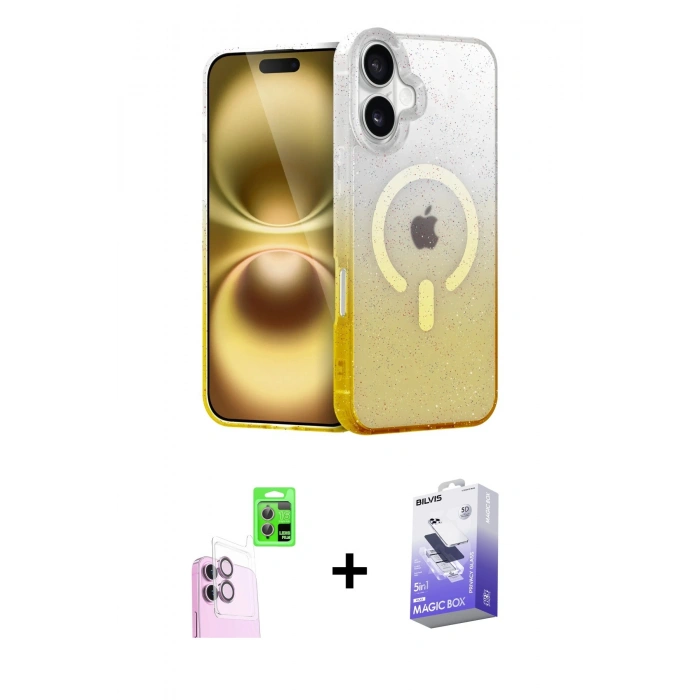 MARSİLYAN™- iPhone 16 Kılıf Eksen Minimal Özel Seri - Siyah Bilvis 5in1 5D Magic Hayalet Cam Ekran Koruyucu + Raze Metal Kamera Lens - PE