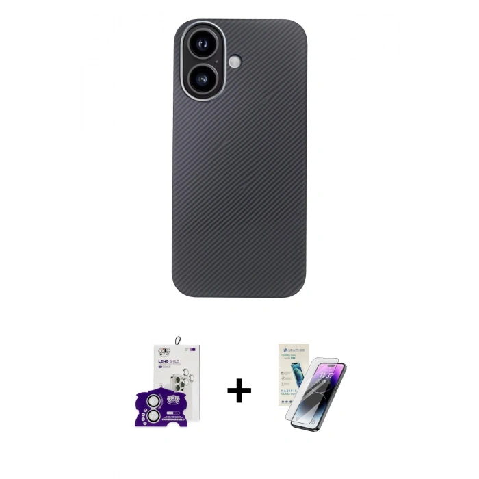 MARSİLYAN™- iPhone 16 Kılıf Eksen Prime - Şeffaf Pasifik Cam Ekran Koruyucu + Bilvis Titan Kamera Lens - GS