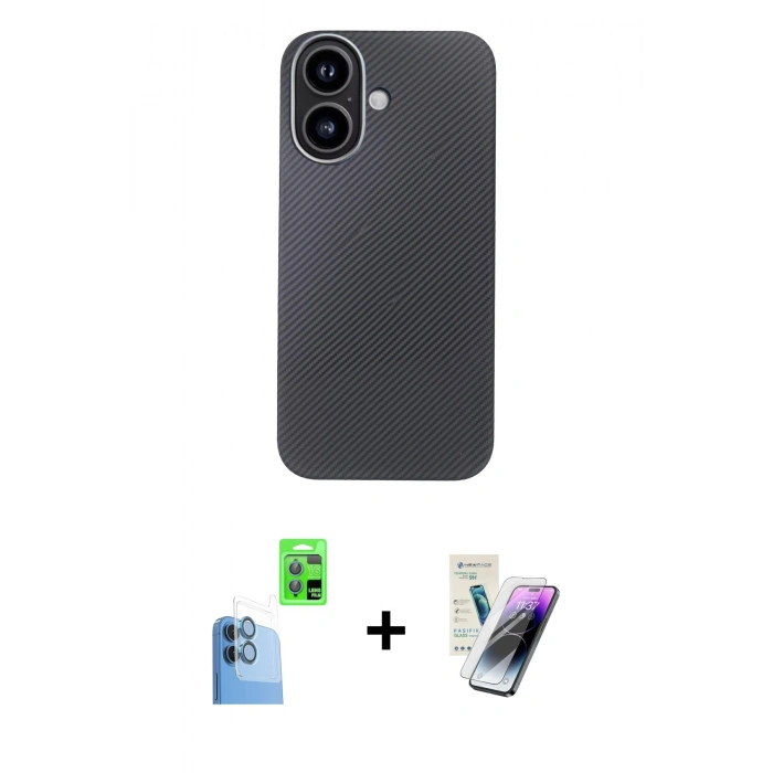 MARSİLYAN™- iPhone 16 Kılıf Eksen Prime - Şeffaf Pasifik Cam Ekran Koruyucu + Raze Metal Kamera Lens - LT