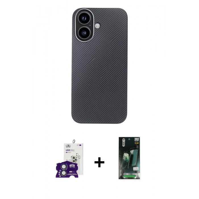 MARSİLYAN™- iPhone 16 Kılıf Eksen Prime - Siyah 360 Mat Full Body Arka Koruyucu + Bilvis Titan Kamera Lens - YL