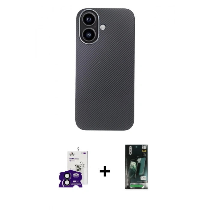 MARSİLYAN™- iPhone 16 Kılıf Eksen Prime - Siyah 360 Mat Full Body Arka Koruyucu + Bilvis Titan Kamera Lens - SH