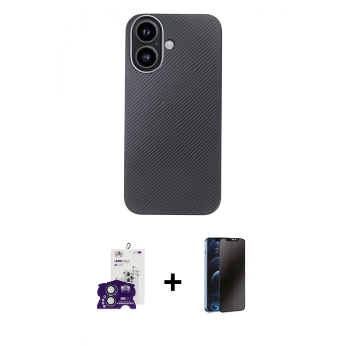 MARSİLYAN™- iPhone 16 Kılıf Eksen Prime - Siyah 3D Antistatik Hayalet Cam Ekran Koruyucu + Bilvis Titan Kamera Lens - YL