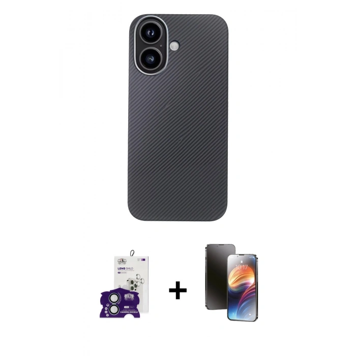 MARSİLYAN™- iPhone 16 Kılıf Eksen Prime - Siyah 3D Antistatik Mat Seramik Nano Ekran Koruyucu + Bilvis Titan Kamera Lens - YL