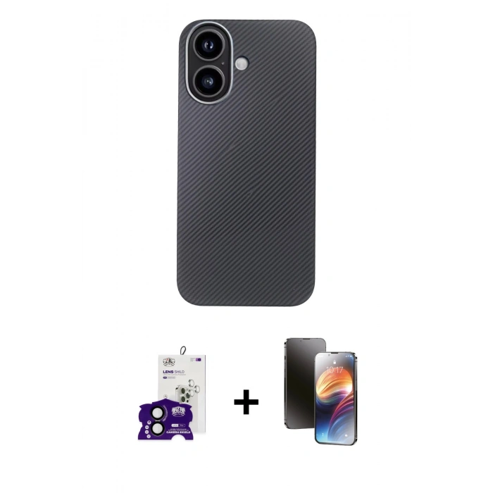 MARSİLYAN™- iPhone 16 Kılıf Eksen Prime - Siyah 3D Antistatik Mat Seramik Nano Ekran Koruyucu + Bilvis Titan Kamera Lens - SH
