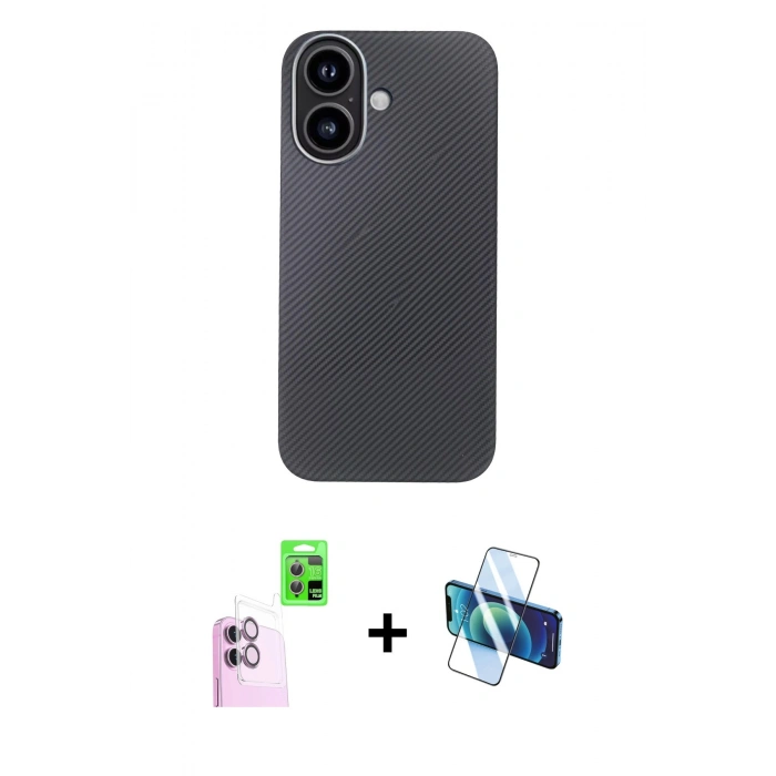 MARSİLYAN™- iPhone 16 Kılıf Eksen Prime - Siyah 3D Antistatik Seramik Nano Ekran Koruyucu + Raze Metal Kamera Lens - PE