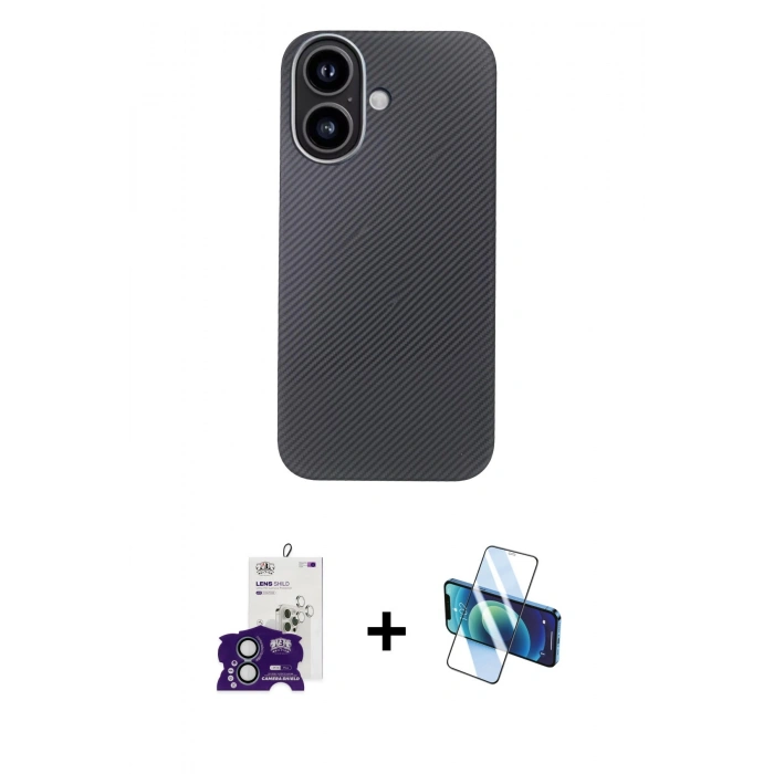MARSİLYAN™- iPhone 16 Kılıf Eksen Prime - Siyah 3D Antistatik Seramik Nano Ekran Koruyucu + Bilvis Titan Kamera Lens - YL