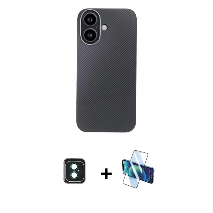MARSİLYAN™- iPhone 16 Kılıf Eksen Prime - Siyah 3D Antistatik Seramik Nano Ekran Koruyucu + PVD Metal Kamera Lens - YL