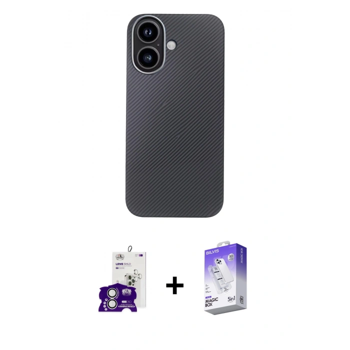 MARSİLYAN™- iPhone 16 Kılıf Eksen Prime - Siyah Bilvis 5in1 3D Magic Cam Ekran Koruyucu + Bilvis Titan Kamera Lens - GS