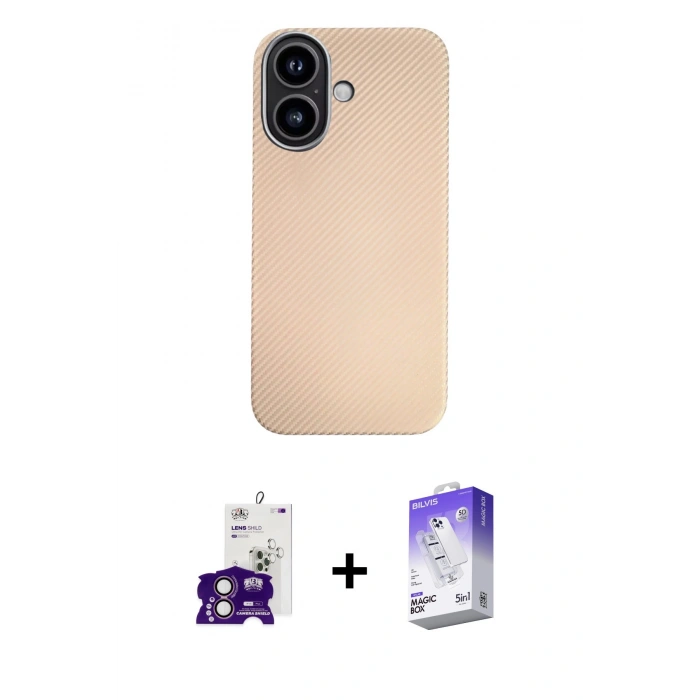 MARSİLYAN™- iPhone 16 Kılıf Eksen Prime - Siyah Bilvis 5in1 3D Magic Cam Ekran Koruyucu + Pembe Bilvis Titan Kamera Lens