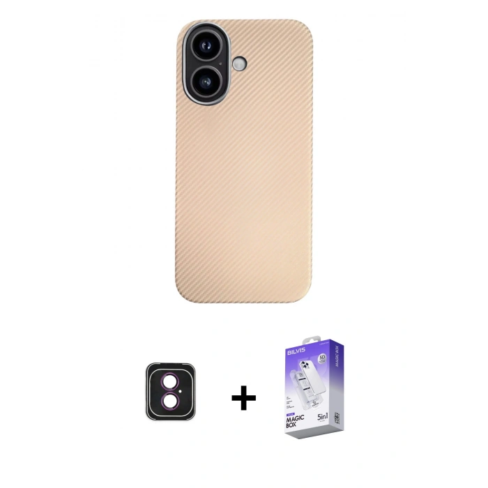 MARSİLYAN™- iPhone 16 Kılıf Eksen Prime - Siyah Bilvis 5in1 3D Magic Cam Ekran Koruyucu + PVD Metal Kamera Lens - PE