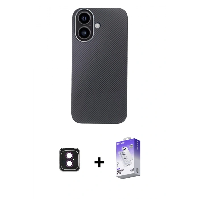 MARSİLYAN™- iPhone 16 Kılıf Eksen Prime - Siyah Bilvis 5in1 3D Magic Cam Ekran Koruyucu + PVD Metal Kamera Lens - PE