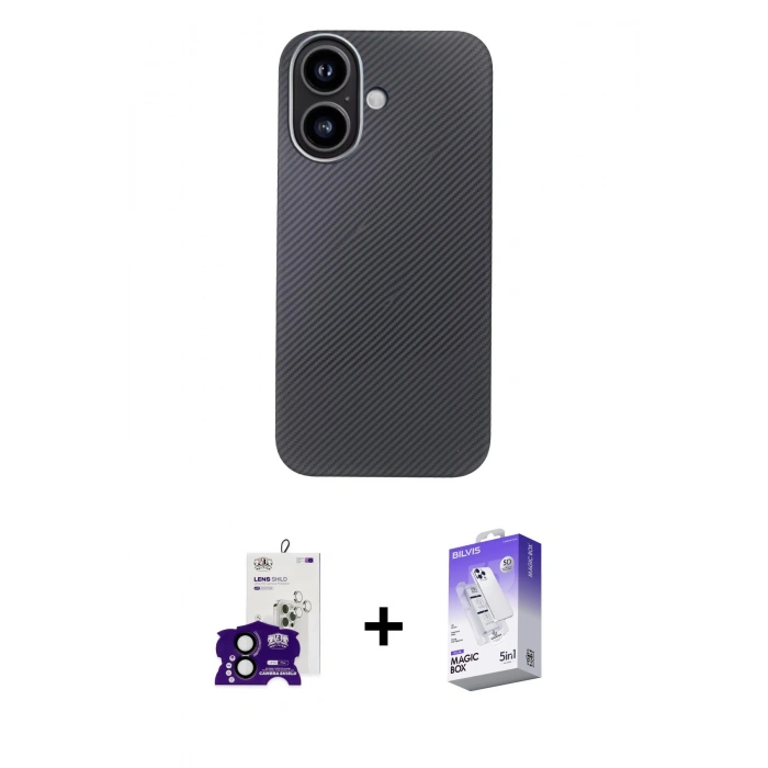 MARSİLYAN™- iPhone 16 Kılıf Eksen Prime - Siyah Bilvis 5in1 3D Magic Cam Ekran Koruyucu + Bilvis Titan Kamera Lens - SH