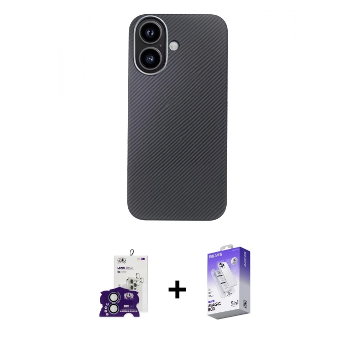 MARSİLYAN™- iPhone 16 Kılıf Eksen Prime - Siyah Bilvis 5in1 3D Magic Cam Ekran Koruyucu + Bilvis Titan Kamera Lens - YL