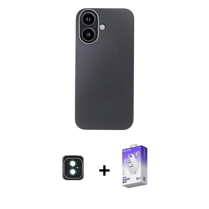 MARSİLYAN™- iPhone 16 Kılıf Eksen Prime - Siyah Bilvis 5in1 3D Magic Cam Ekran Koruyucu + PVD Metal Kamera Lens - YL