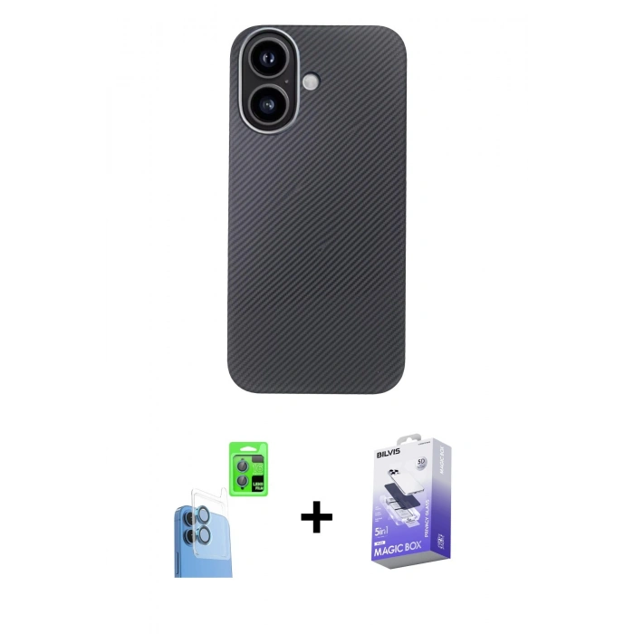 MARSİLYAN™- iPhone 16 Kılıf Eksen Prime - Siyah Bilvis 5in1 5D Magic Hayalet Cam Ekran Koruyucu + Raze Metal Kamera Lens - LT