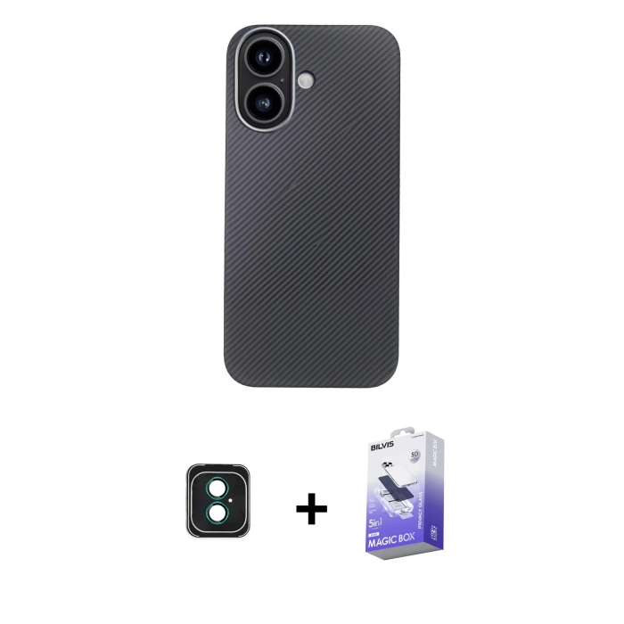 MARSİLYAN™- iPhone 16 Kılıf Eksen Prime - Siyah Bilvis 5in1 5D Magic Hayalet Cam Ekran Koruyucu + PVD Metal Kamera Lens - YL