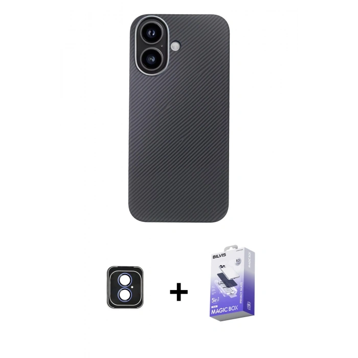 MARSİLYAN™- iPhone 16 Kılıf Eksen Prime - Siyah Bilvis 5in1 5D Magic Hayalet Cam Ekran Koruyucu + PVD Metal Kamera Lens - MI