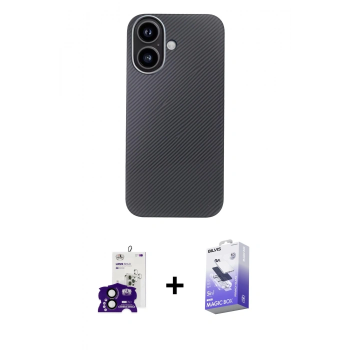MARSİLYAN™- iPhone 16 Kılıf Eksen Prime - Siyah Bilvis 5in1 5D Magic Hayalet Cam Ekran Koruyucu + Bilvis Titan Kamera Lens - SH