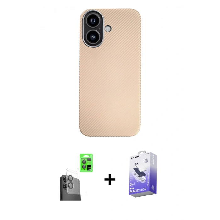 MARSİLYAN™- iPhone 16 Kılıf Eksen Prime - Siyah Bilvis 5in1 5D Magic Hayalet Cam Ekran Koruyucu + Siyah Raze Metal Kamera Lens