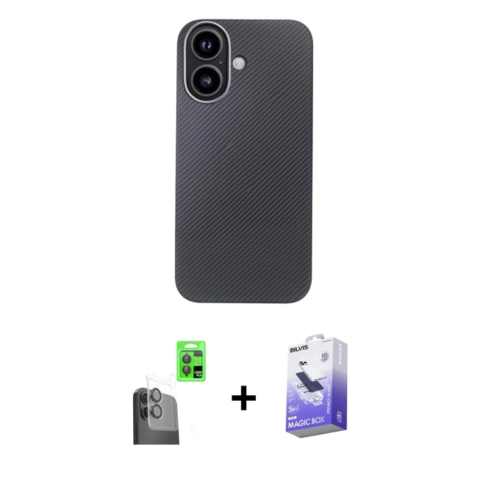 MARSİLYAN™- iPhone 16 Kılıf Eksen Prime - Siyah Bilvis 5in1 5D Magic Hayalet Cam Ekran Koruyucu + Siyah Raze Metal Kamera Lens