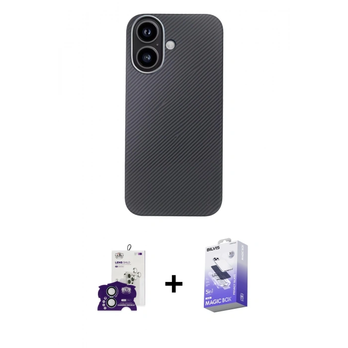 MARSİLYAN™- iPhone 16 Kılıf Eksen Prime - Siyah Bilvis 5in1 5D Magic Hayalet Cam Ekran Koruyucu + Bilvis Titan Kamera Lens - YL