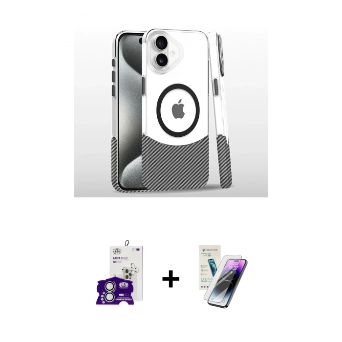 MARSİLYAN™- iPhone 16 Kılıf İz Asil Prime - Şeffaf Pasifik Cam Ekran Koruyucu + Bilvis Titan Kamera Lens - GS