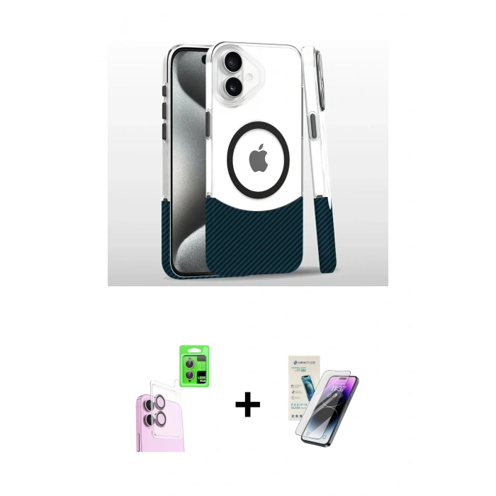 MARSİLYAN™- iPhone 16 Kılıf İz Asil Prime - Şeffaf Pasifik Cam Ekran Koruyucu + Raze Metal Kamera Lens - PE