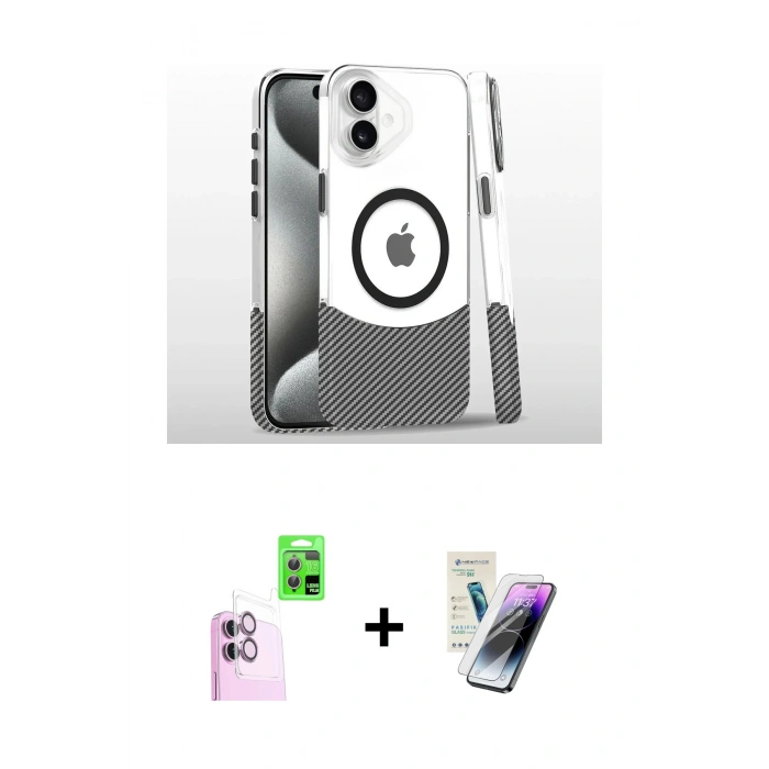 MARSİLYAN™- iPhone 16 Kılıf İz Asil Prime - Şeffaf Pasifik Cam Ekran Koruyucu + Raze Metal Kamera Lens - PE