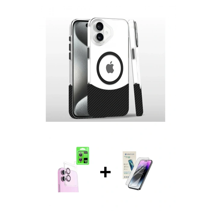 MARSİLYAN™- iPhone 16 Kılıf İz Asil Prime - Şeffaf Pasifik Cam Ekran Koruyucu + Raze Metal Kamera Lens - PE