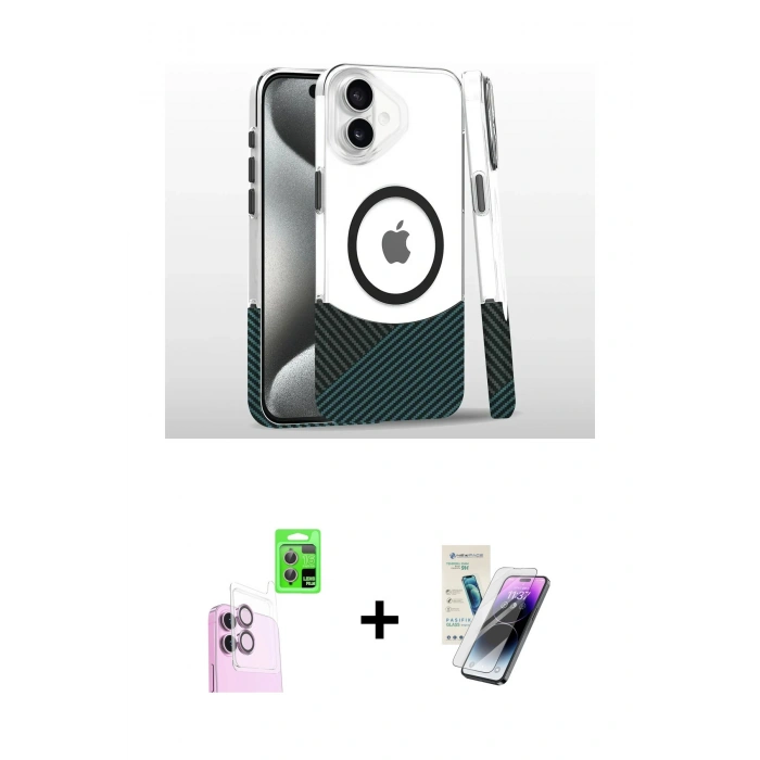 MARSİLYAN™- iPhone 16 Kılıf İz Asil Prime - Şeffaf Pasifik Cam Ekran Koruyucu + Raze Metal Kamera Lens - PE