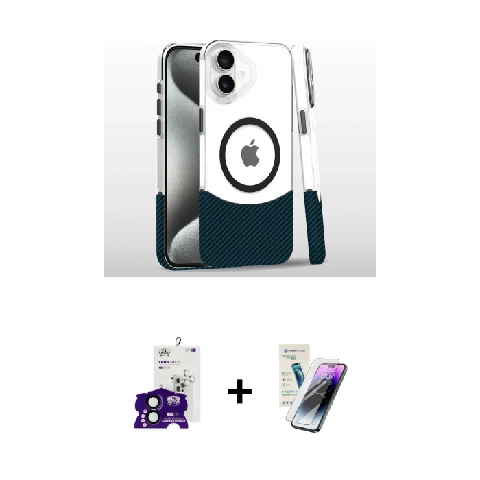 MARSİLYAN™- iPhone 16 Kılıf İz Asil Prime - Şeffaf Pasifik Cam Ekran Koruyucu + Bilvis Titan Kamera Lens - SH