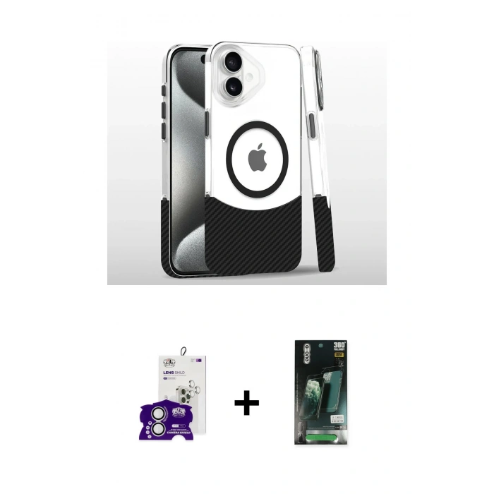 MARSİLYAN™- iPhone 16 Kılıf İz Asil Prime - Siyah 360 Mat Full Body Arka Koruyucu + Bilvis Titan Kamera Lens - GS