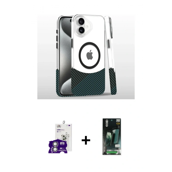 MARSİLYAN™- iPhone 16 Kılıf İz Asil Prime - Siyah 360 Mat Full Body Arka Koruyucu + Bilvis Titan Kamera Lens - GS