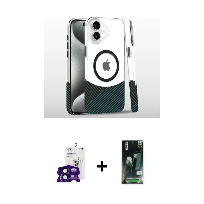 MARSİLYAN™- iPhone 16 Kılıf İz Asil Prime - Siyah 360 Mat Full Body Arka Koruyucu + Bilvis Titan Kamera Lens - SH