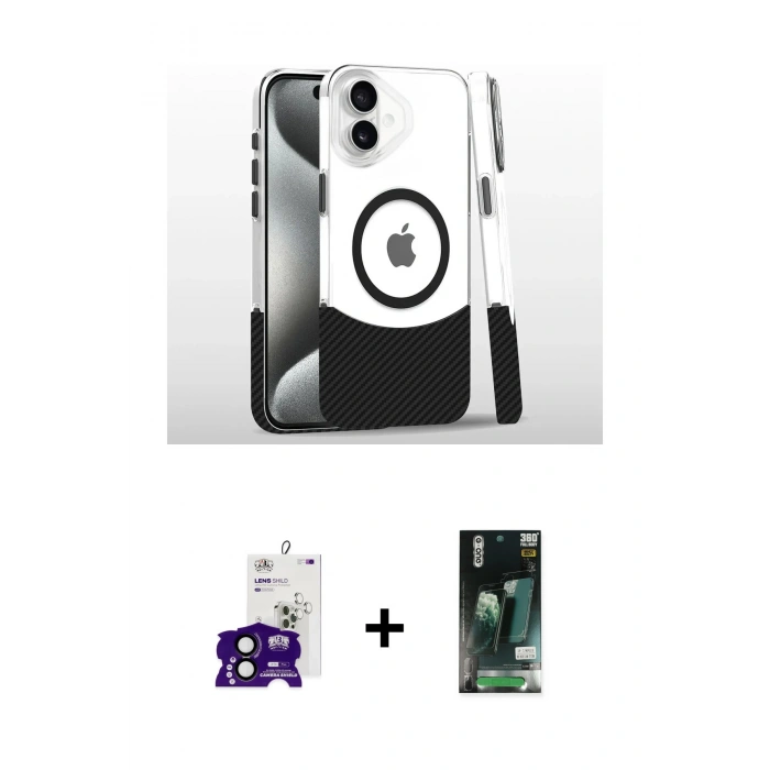 MARSİLYAN™- iPhone 16 Kılıf İz Asil Prime - Siyah 360 Mat Full Body Arka Koruyucu + Bilvis Titan Kamera Lens - SH
