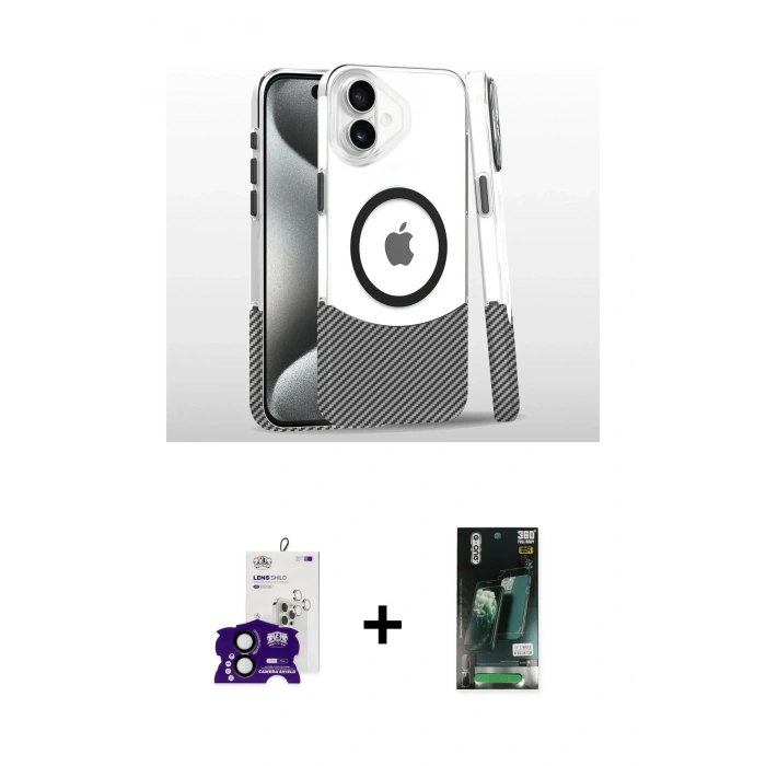 MARSİLYAN™- iPhone 16 Kılıf İz Asil Prime - Siyah 360 Mat Full Body Arka Koruyucu + Bilvis Titan Kamera Lens - SH