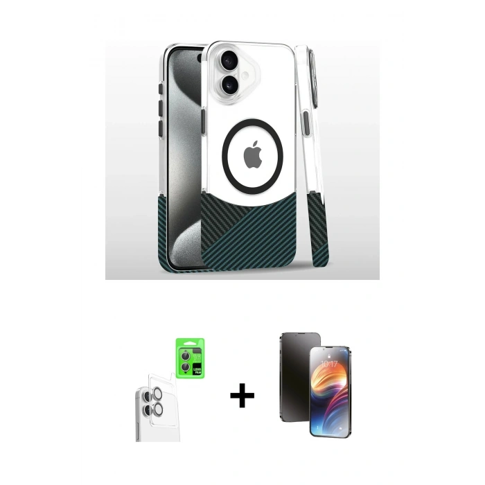 MARSİLYAN™- iPhone 16 Kılıf İz Asil Prime - Siyah 3D Antistatik Mat Seramik Nano Ekran Koruyucu + Raze Metal Kamera Lens - BZ