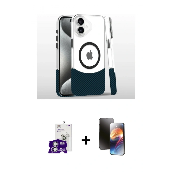 MARSİLYAN™- iPhone 16 Kılıf İz Asil Prime - Siyah 3D Antistatik Mat Seramik Nano Ekran Koruyucu + Bilvis Titan Kamera Lens - GS