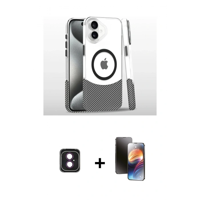 MARSİLYAN™- iPhone 16 Kılıf İz Asil Prime - Siyah 3D Antistatik Mat Seramik Nano Ekran Koruyucu + PVD Metal Kamera Lens - PE